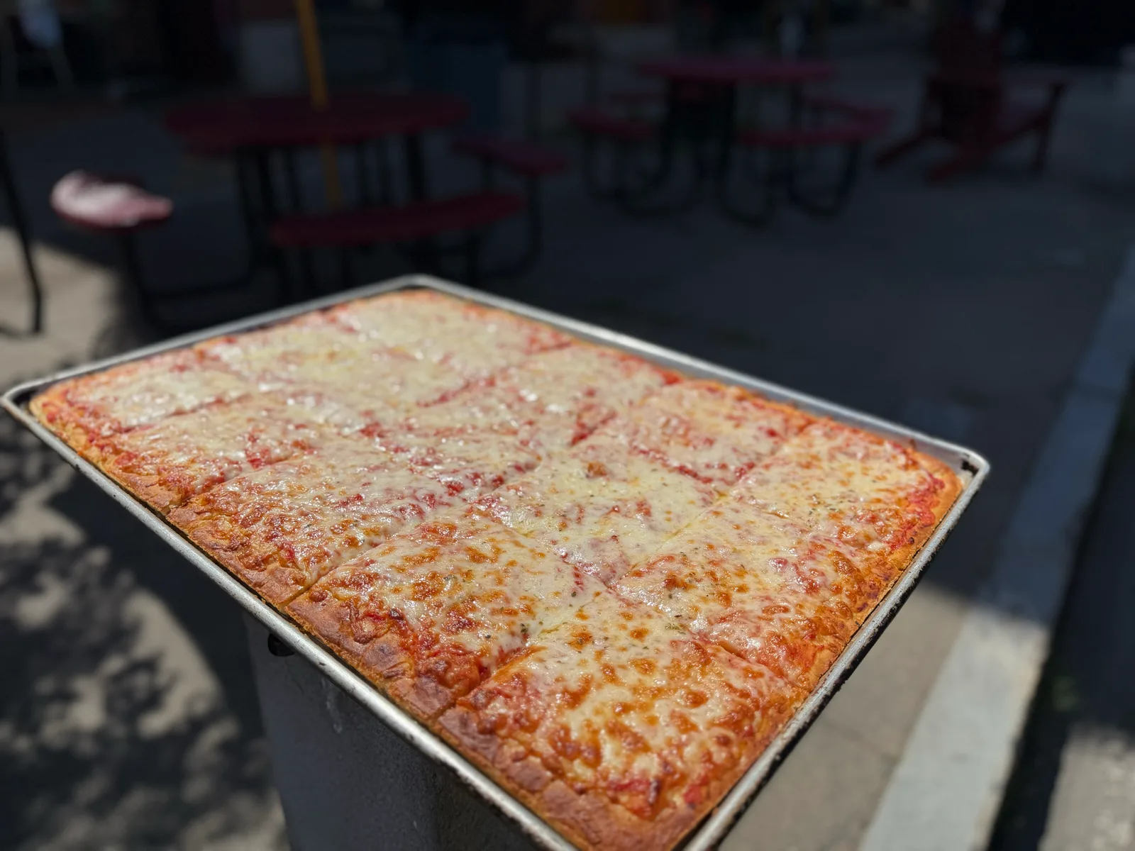 Sicilian square cheese pizza fresh from the tray at Antonio's Pizza Amherst