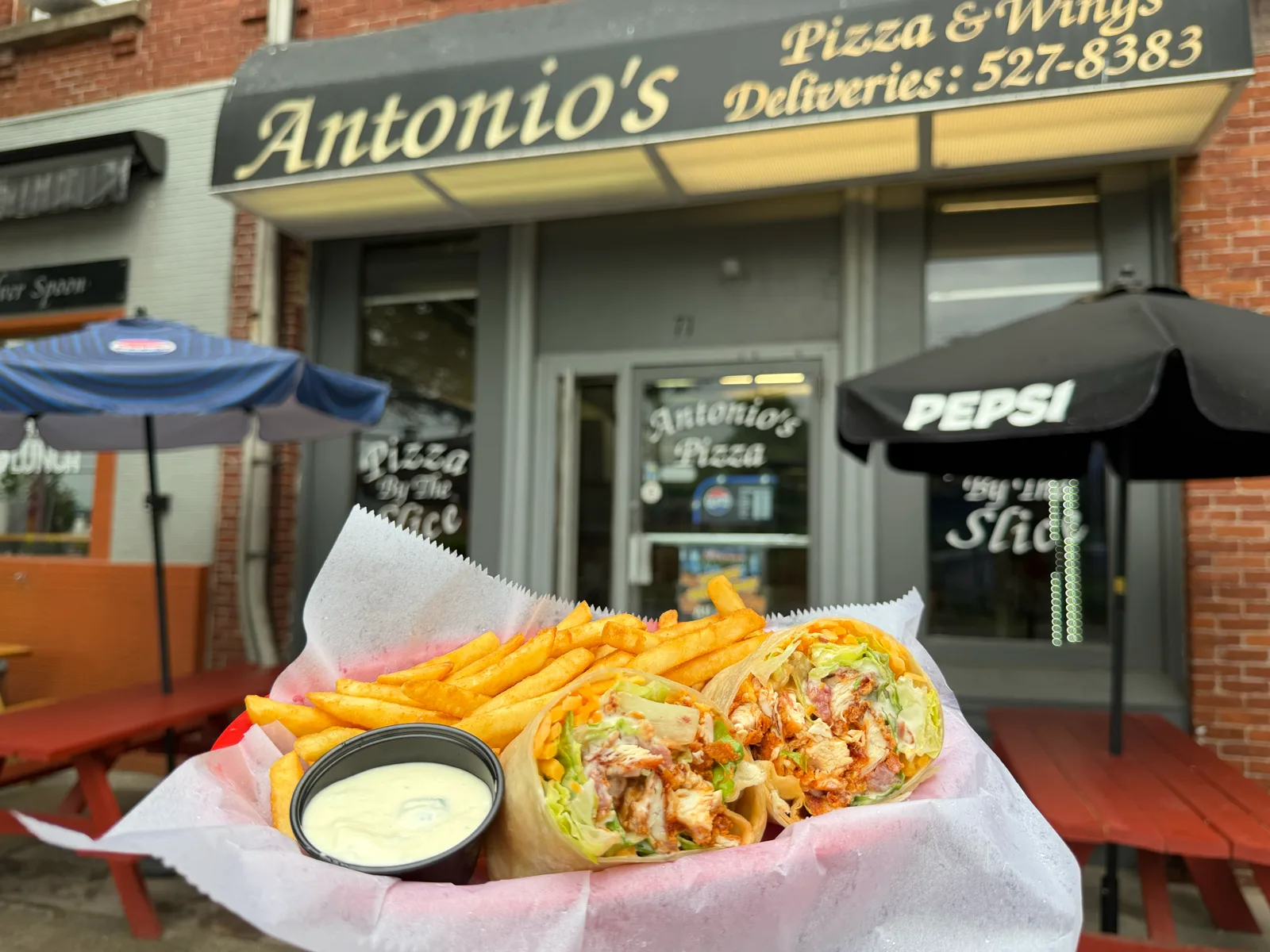 A buffalo chicken wrap with fries and ranch dip from Antonio's Easthampton