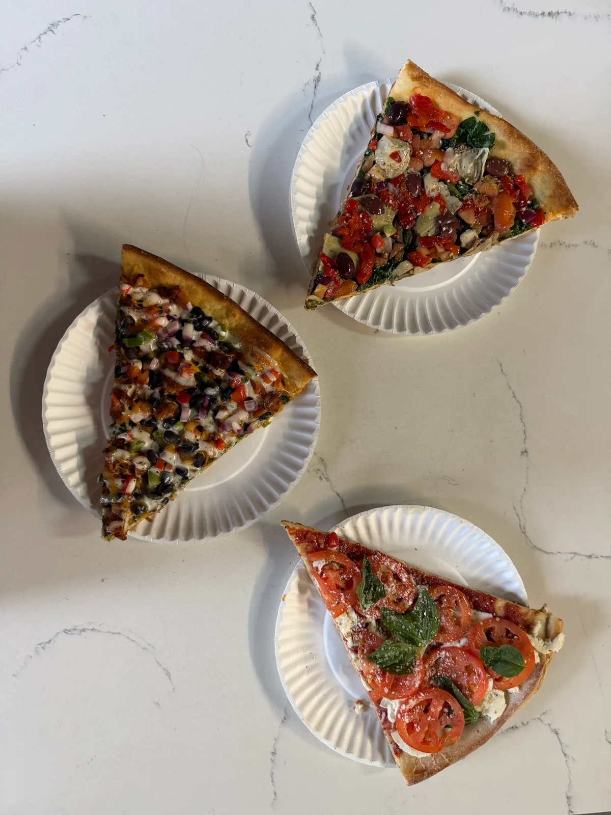 Three gourmet slices - black bean, veggie and tomato-basil - at Antonio's Easthampton