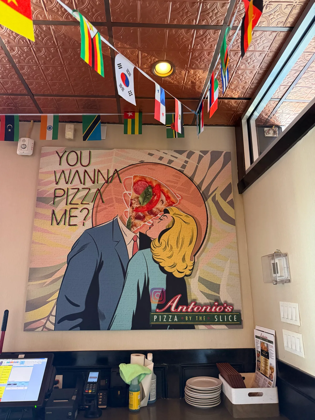 "You Wanna Pizza Me?" pop-art mural at Antonio's Pizza Pawtucket