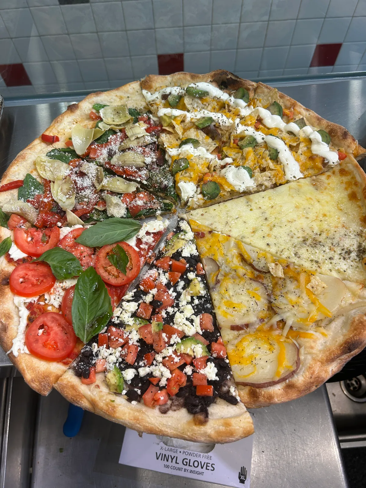 Multi-flavor sampler pizza at Antonio's Thayer Street