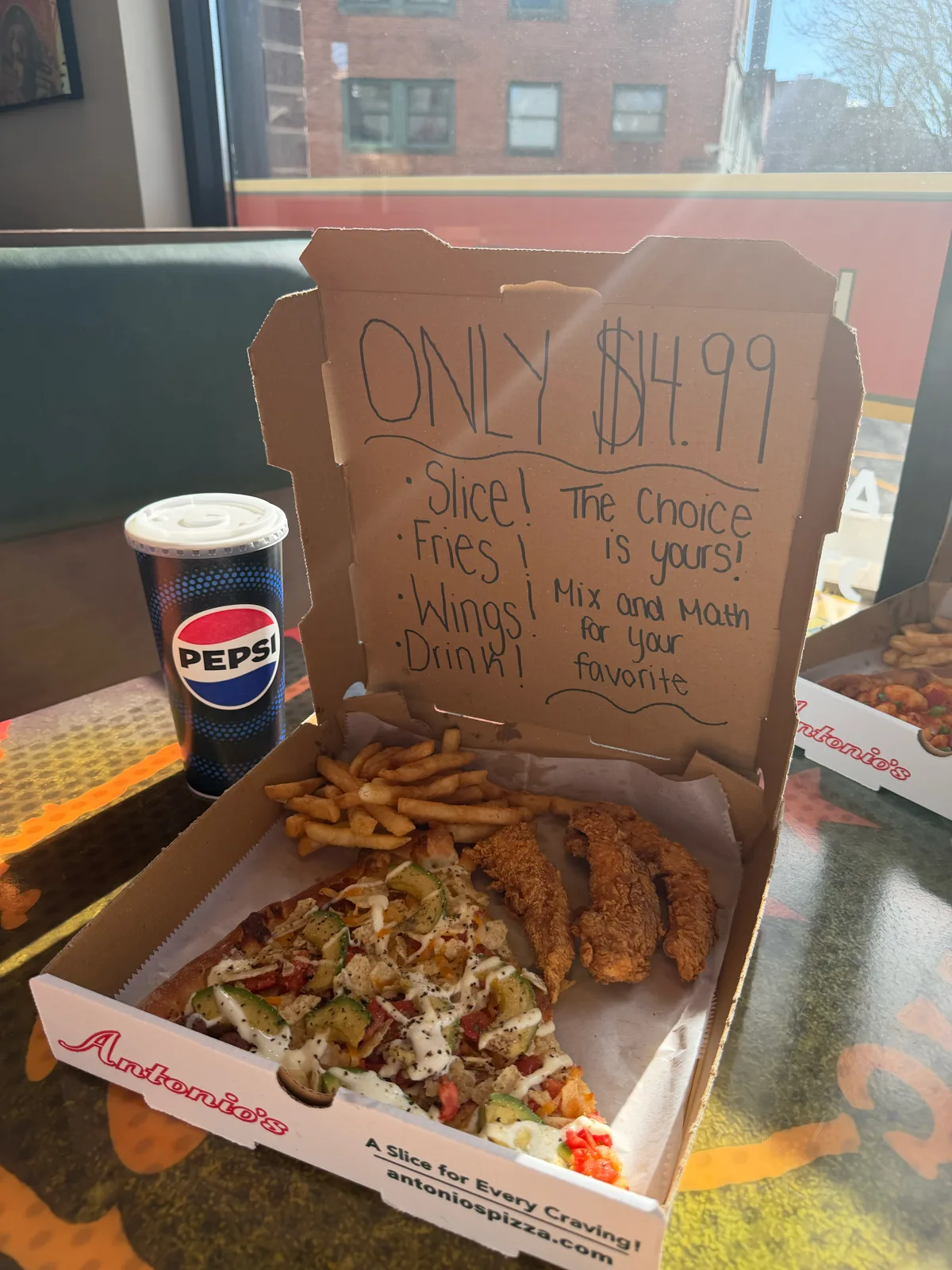 The $14.99 slice, wings, fries and drink combo at Antonio's Wickenden Street